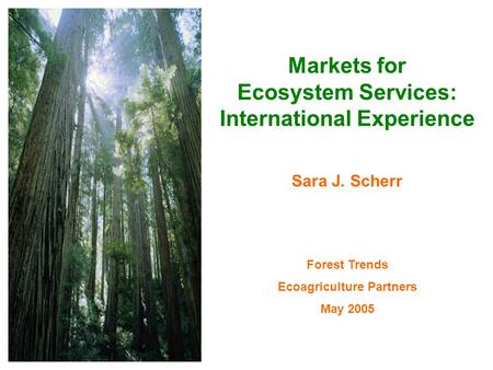Markets for Ecosystem Services: International Experience Sara J. Scherr Forest Trends Ecoagriculture Partners May 2005.