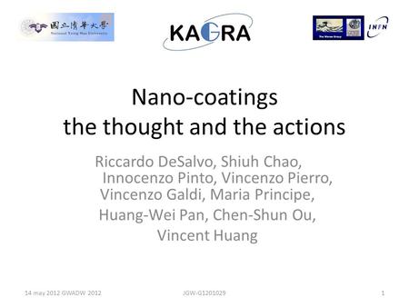 Nano-coatings the thought and the actions Riccardo DeSalvo, Shiuh Chao, Innocenzo Pinto, Vincenzo Pierro, Vincenzo Galdi, Maria Principe, Huang-Wei Pan,