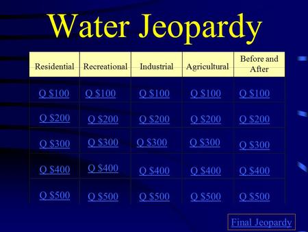 Water Jeopardy ResidentialRecreationalIndustrialAgricultural Before and After Q $100 Q $200 Q $300 Q $400 Q $500 Q $100 Q $200 Q $300 Q $400 Q $500 Final.
