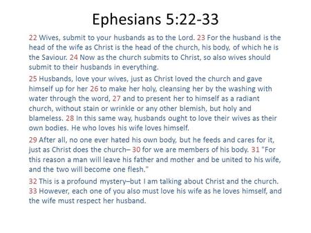 Ephesians 5:22-33 22 Wives, submit to your husbands as to the Lord. 23 For the husband is the head of the wife as Christ is the head of the church, his.