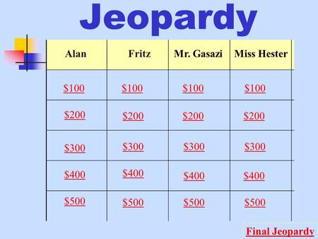 Jeopardy AlanFritzMr. GasaziMiss Hester $100 $200 $300 $400 $500 $100 $200 $300 $400 $500 Final Jeopardy.