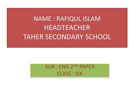 NAME : RAFIQUL ISLAM HEADTEACHER TAHER SECONDARY SCHOOL SUB : ENG 2 ND PAPER CLASS : SIX SUB : ENG 2 ND PAPER CLASS : SIX.