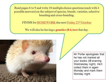 Read pages 6 to 9 and write 10 multiple choice questions (each with 4 possible answers) on the subject of species, breeds, varieties, selective breeding.