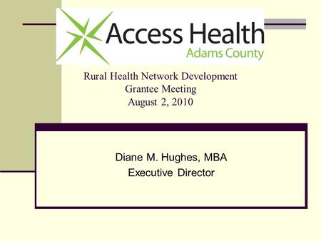 Rural Health Network Development Grantee Meeting August 2, 2010 Diane M. Hughes, MBA Executive Director.