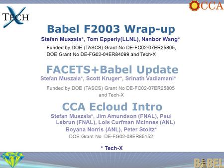 Babel F2003 Wrap-up Stefan Muszala*, Tom Epperly(LLNL), Nanbor Wang* Funded by DOE (TASCS) Grant No DE-FC02-07ER25805, DOE Grant No DE-FG02-04ER84099 and.