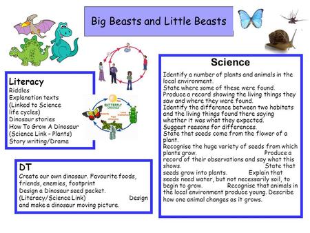 Big Beasts and Little Beasts Literacy Riddles Explanation texts (Linked to Science life cycles) Dinosaur stories How To Grow A Dinosaur (Science Link –