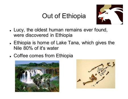 Out of Ethiopia Lucy, the oldest human remains ever found, were discovered in Ethiopia Ethiopia is home of Lake Tana, which gives the Nile 80% of it's.