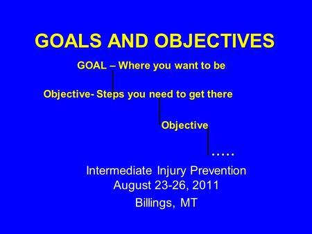 GOALS AND OBJECTIVES Intermediate Injury Prevention August 23-26, 2011 Billings, MT GOAL – Where you want to be Objective- Steps you need to get there.