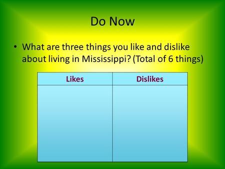 Do Now What are three things you like and dislike about living in Mississippi? (Total of 6 things)