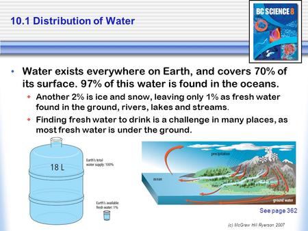 (c) McGraw Hill Ryerson 2007 10.1 Distribution of Water Water exists everywhere on Earth, and covers 70% of its surface. 97% of this water is found in.