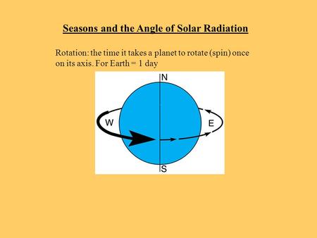Seasons and the Angle of Solar Radiation Rotation: the time it takes a planet to rotate (spin) once on its axis. For Earth = 1 day.
