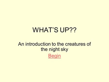 WHAT’S UP?? An introduction to the creatures of the night sky Begin.