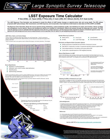 The LSST Exposure Time Calculator was developed to model the effects of LSST design changes on signal-to-noise ratio and survey depth. The ETC utilizes.