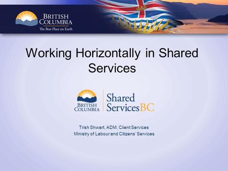 Working Horizontally in Shared Services Trish Shwart, ADM, Client Services Ministry of Labour and Citizens’ Services.