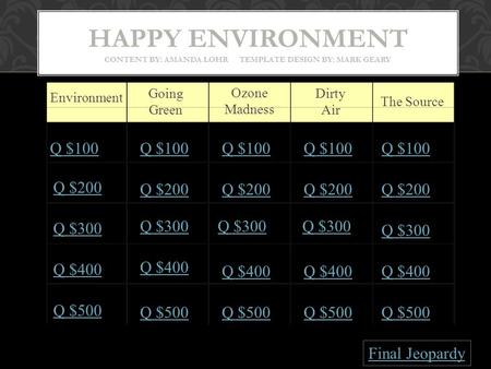 HAPPY ENVIRONMENT CONTENT BY: AMANDA LOHR TEMPLATE DESIGN BY: MARK GEARY Environment Going Green Ozone Madness Dirty Air The Source Q $100 Q $200 Q $300.