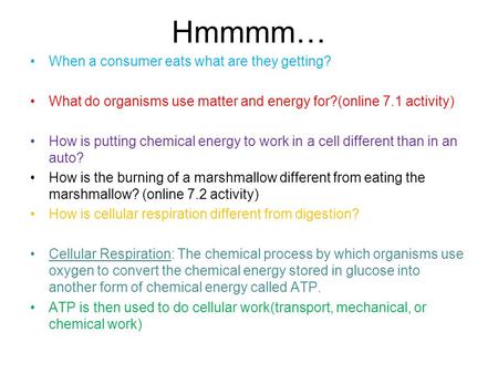 Hmmmm… When a consumer eats what are they getting? What do organisms use matter and energy for?(online 7.1 activity) How is putting chemical energy to.
