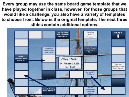 KAnglin2007 Every group may use the same board game template that we have played together in class, however, for those groups that would like a challenge,