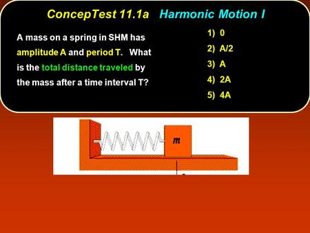ConcepTest 11.1a ConcepTest 11.1a Harmonic Motion I 1) 0 2) A/2 3) A 4) 2A 5) 4A A mass on a spring in SHM has amplitude A and period T. What is the total.