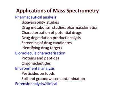 Pharmaceutical analysis Bioavailability studies Drug metabolism studies, pharmacokinetics Characterization of potential drugs Drug degradation product.