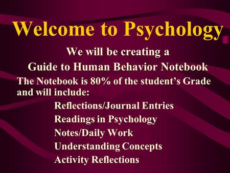 Welcome to Psychology We will be creating a Guide to Human Behavior Notebook The Notebook is 80% of the student’s Grade and will include: Reflections/Journal.