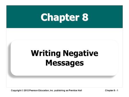 Chapter 8 Copyright © 2012 Pearson Education, Inc. publishing as Prentice HallChapter 8 - 1 Writing Negative Messages.