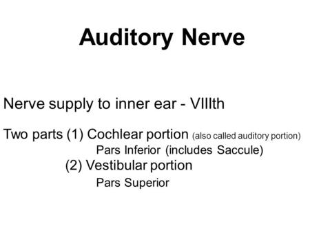 Auditory Nerve Nerve supply to inner ear - VIIIth
