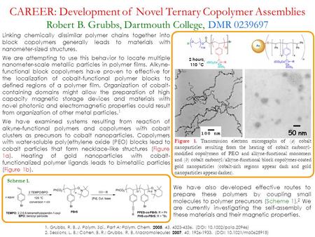 CAREER: Development of Novel Ternary Copolymer Assemblies Robert B. Grubbs, Dartmouth College, DMR 0239697 Linking chemically dissimilar polymer chains.