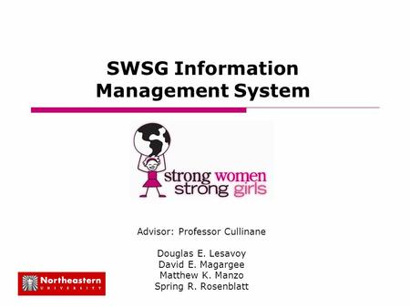 SWSG Information Management System Advisor: Professor Cullinane Douglas E. Lesavoy David E. Magargee Matthew K. Manzo Spring R. Rosenblatt.