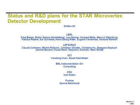 Wieman: 1 LBNL Status and R&D plans for the STAR Microvertex Detector Development 22-Nov-03 LBNL Fred Bieser, Robin Gareus (Heidelberg), Leo Greiner, Howard.