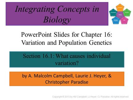 PowerPoint Slides for Chapter 16: Variation and Population Genetics Section 16.1: What causes individual variation? Integrating Concepts in Biology Copyright.
