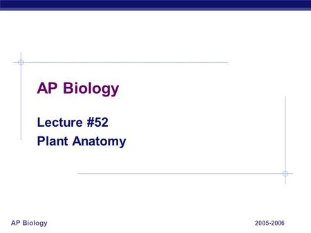 AP Biology Lecture #52 Plant Anatomy 2005-2006. AP Biology 2005-2006 Plant Anatomy.