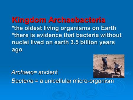 Archaeo= ancient Bacteria = a unicellular micro-organism