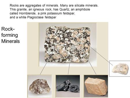 Rocks are aggregates of minerals. Many are silicate minerals. This granite, an igneous rock, has Quartz, an amphibole called Hornblende, a pink potassium.
