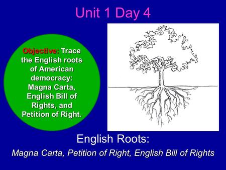 Unit 1 Day 4 English Roots: Magna Carta, Petition of Right, English Bill of Rights Objective: Trace the English roots of American democracy: Magna Carta,