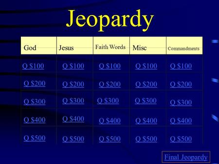 Jeopardy GodJesus Faith Words Misc Commandments Q $100 Q $200 Q $300 Q $400 Q $500 Q $100 Q $200 Q $300 Q $400 Q $500 Final Jeopardy.