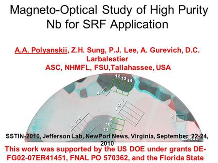 Magneto-Optical Study of High Purity Nb for SRF Application A.A. Polyanskii, Z.H. Sung, P.J. Lee, A. Gurevich, D.C. Larbalestier ASC, NHMFL, FSU,Tallahassee,