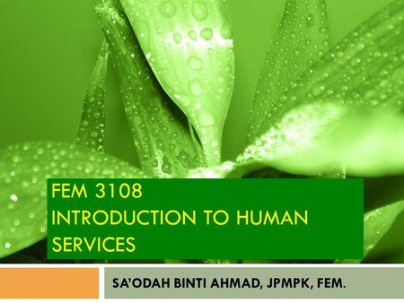 FEM 3108 INTRODUCTION TO HUMAN SERVICES SA’ODAH BINTI AHMAD, JPMPK, FEM.