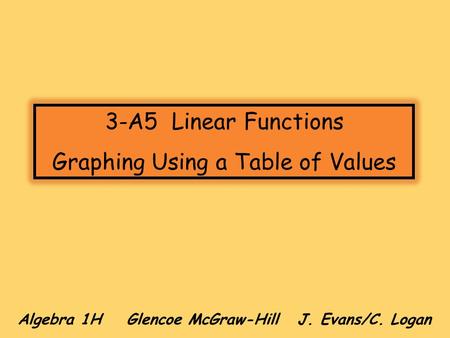 Algebra 1H Glencoe McGraw-Hill J. Evans/C. Logan 3-A5 Linear Functions Graphing Using a Table of Values.