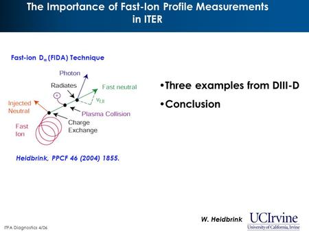 ITPA Diagnostics 4/06 The Importance of Fast-Ion Profile Measurements in ITER W. Heidbrink Three examples from DIII-D Conclusion Fast-ion D  (FIDA) Technique.