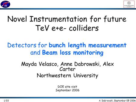 Novel Instrumentation for future TeV e+e- colliders Detectors for bunch length measurement and Beam loss monitoring Mayda Velasco, Anne Dabrowski, Alex.