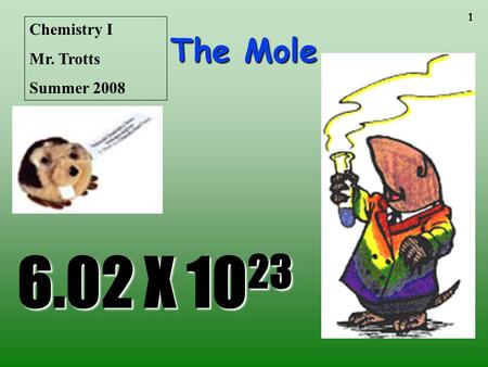1 The Mole 6.02 X 10 23 Chemistry I Mr. Trotts Summer 2008.