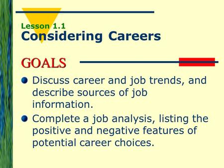 GOALS Lesson 1.1 Considering Careers Discuss career and job trends, and describe sources of job information. Complete a job analysis, listing the positive.