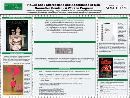 POSTER TEMPLATE BY: www.PosterPresentations.com He…or She? Expressions and Acceptance of Non- Normative Gender – A Work in Progress Vic Wheeler, Department.