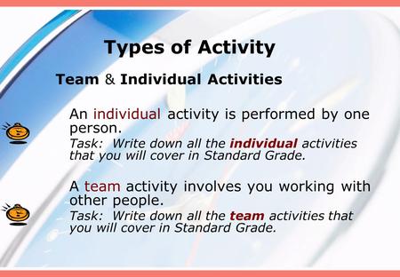 Types of Activity Team & Individual Activities An individual activity is performed by one person. Task: Write down all the individual activities that you.