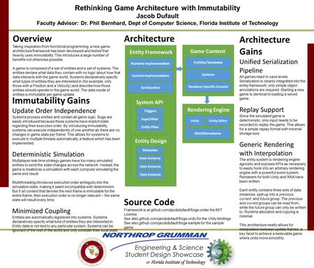 Rethinking Game Architecture with Immutability Jacob Dufault Faculty Advisor: Dr. Phil Bernhard, Dept of Computer Science, Florida Institute of Technology.