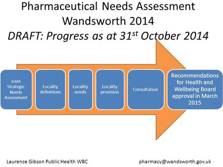 Pharmaceutical Needs Assessment Wandsworth 2014 DRAFT: Progress as at 31 st October 2014 Joint Strategic Needs Assessment Locality definitions Locality.