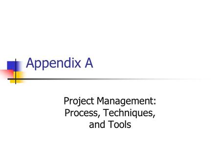 Appendix A Project Management: Process, Techniques, and Tools.