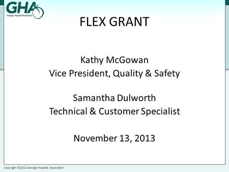 Copyright ©2011 Georgia Hospital Association FLEX GRANT Kathy McGowan Vice President, Quality & Safety Samantha Dulworth Technical & Customer Specialist.
