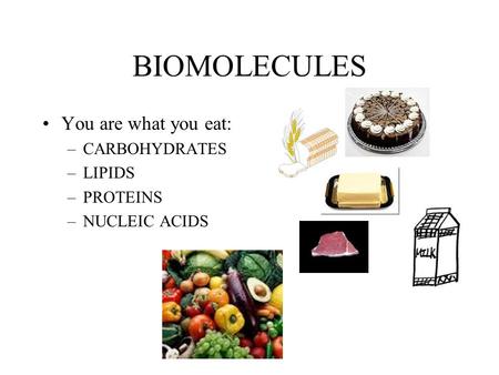 BIOMOLECULES You are what you eat: –CARBOHYDRATES –LIPIDS –PROTEINS –NUCLEIC ACIDS.