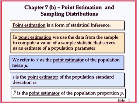 1 1 Slide Chapter 7 (b) – Point Estimation and Sampling Distributions Point estimation is a form of statistical inference. Point estimation is a form of.